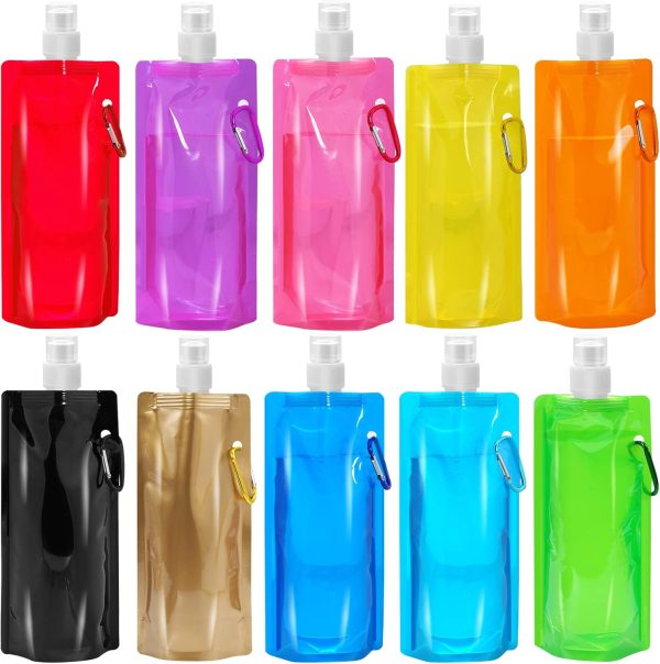 10 Pcs Collapsible Water Bottle 480ml,Leak Proof Water Bottles with Carabiner,Foldable Water Bottle BPA Free,Reusable Drinking Water Bags with Clip,Travel Water Bottles for Travel Gym Camping Hiking