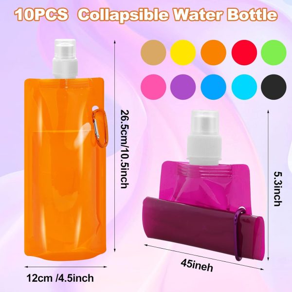 10 Pcs Collapsible Water Bottle 480ml,Leak Proof Water Bottles with Carabiner,Foldable Water Bottle BPA Free,Reusable Drinking Water Bags with Clip,Travel Water Bottles for Travel Gym Camping Hiking - Image 2