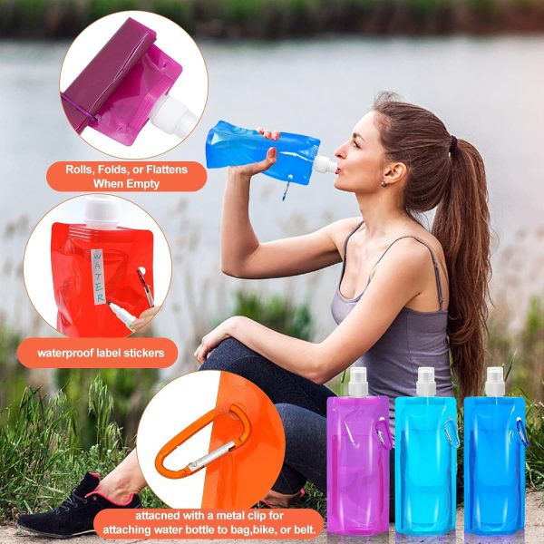 10 Pcs Collapsible Water Bottle 480ml,Leak Proof Water Bottles with Carabiner,Foldable Water Bottle BPA Free,Reusable Drinking Water Bags with Clip,Travel Water Bottles for Travel Gym Camping Hiking - Image 4