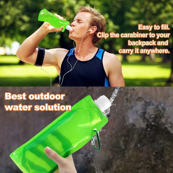 10 Pcs Collapsible Water Bottle 480ml,Leak Proof Water Bottles with Carabiner,Foldable Water Bottle BPA Free,Reusable Drinking Water Bags with Clip,Travel Water Bottles for Travel Gym Camping Hiking - Image 5