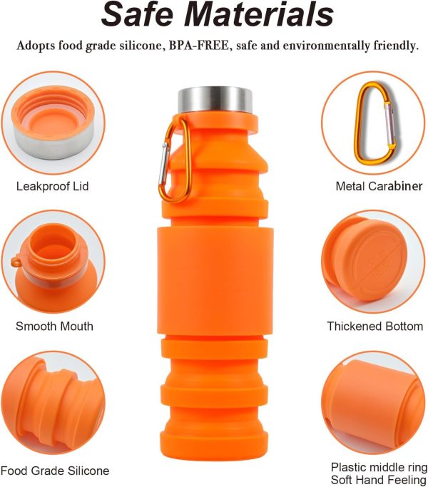 Collapsible Water Bottles Cups - 550ml Reusable BPA Free Silicone Foldable Travel Water Bottle Cup Sports & Fitness Essential for Running,Travel, and Gym Camping Hiking Lightweight Durable - Image 2