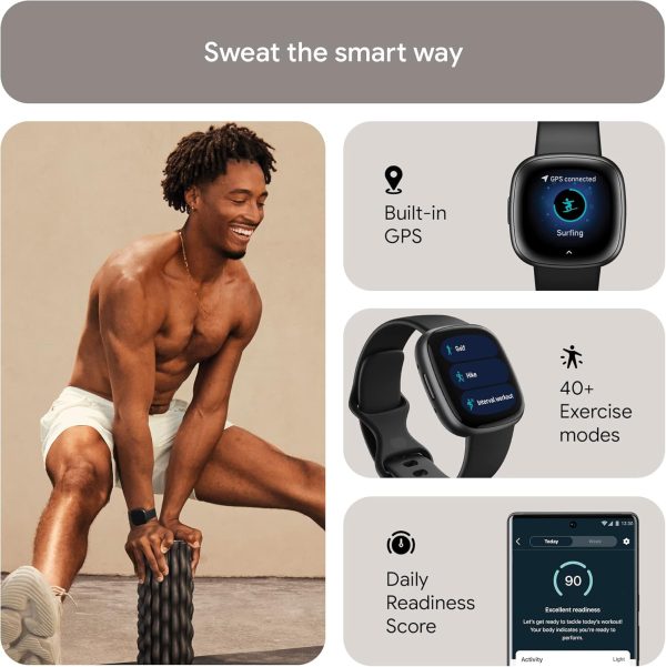 Fitbit Versa 4 Fitness Smartwatch with Daily Readiness, GPS, 24/7 Heart Rate, 40+ Exercise Modes, Sleep Tracking and more, Black/Graphite, One Size (S & L Bands Included) - Image 2