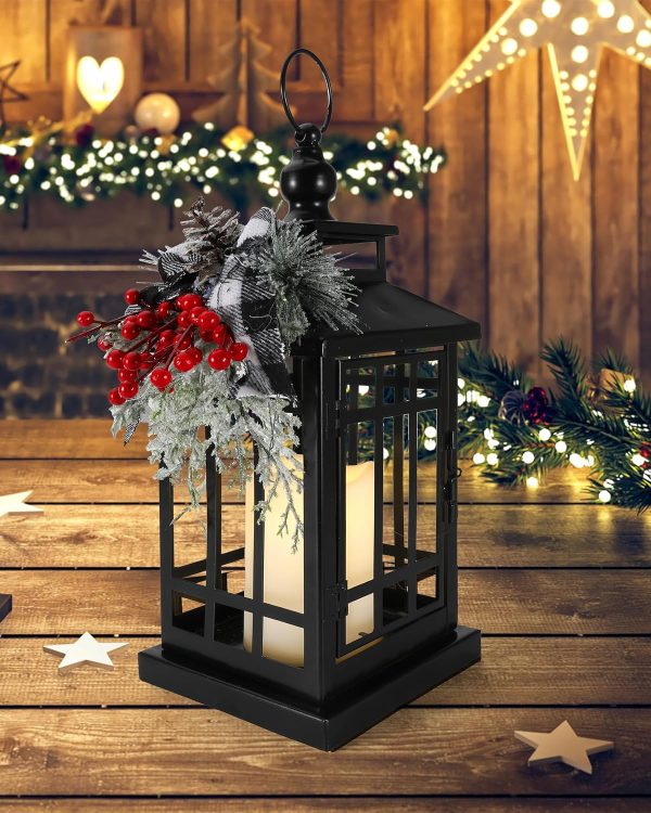 iStatue Metal Black Christmas Lantern with Flameless Candle, 14'' Modern Farmhouse Decor Festive Holiday Rustic Home Gifts for Indoor / Outdoor (Xmas)