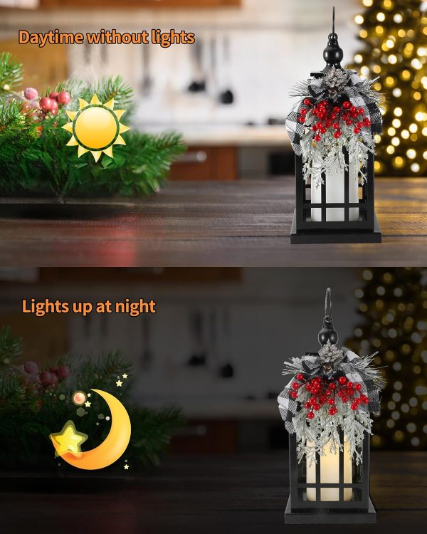 iStatue Metal Black Christmas Lantern with Flameless Candle, 14'' Modern Farmhouse Decor Festive Holiday Rustic Home Gifts for Indoor / Outdoor (Xmas) - Image 2