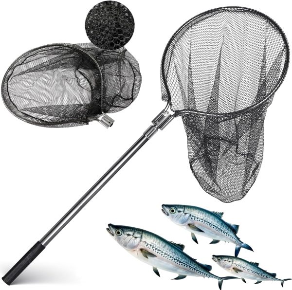 Large Fishing Net Rubber Fishing Net Large Heavy Duty Extra Large Landing Net for Saltwater Aluminum Fishing Net Telescoping Handle(Extends to 67-100inch with 20" Net Opening)