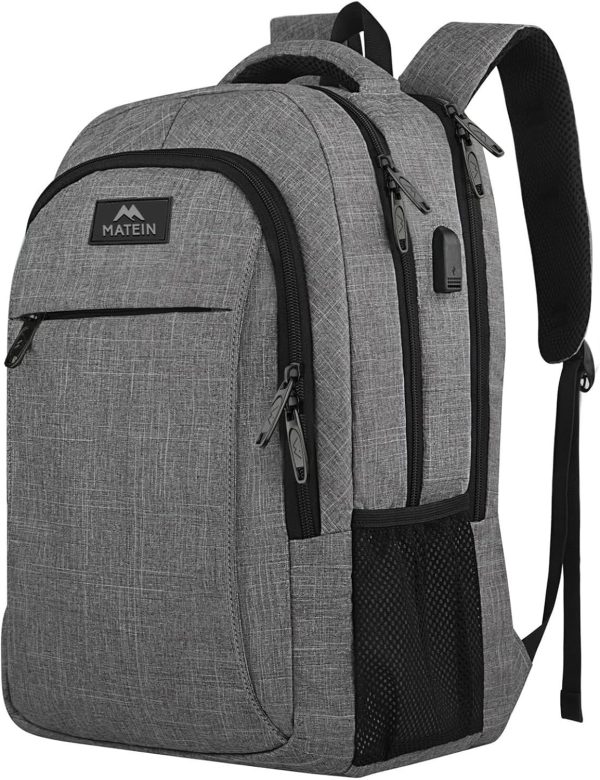 MATEIN Travel Laptop Backpack, Business Anti Theft Slim Sturdy Laptops Backpack with USB Charging Port, Water Resistant College School Computer Bag Gift for Men & Women Fits 15.6 Inch Notebook, Grey