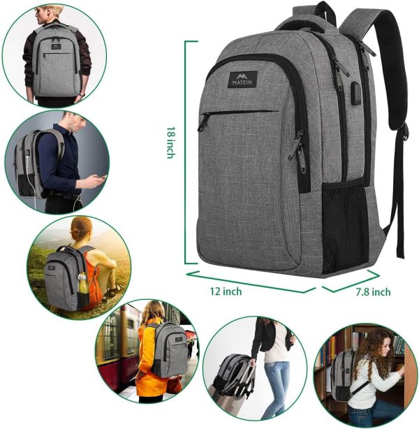 MATEIN Travel Laptop Backpack, Business Anti Theft Slim Sturdy Laptops Backpack with USB Charging Port, Water Resistant College School Computer Bag Gift for Men & Women Fits 15.6 Inch Notebook, Grey - Image 6