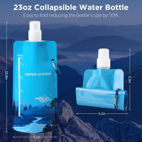 Membrane Solutions 23oz Collapsible Water Bottle for Water Filter Straw, Reusable Water Pouch with Carabiner and Measurement, Foldable Water Container Bag for Hiking Camping Travel Emergency - Image 2