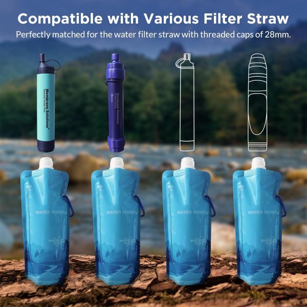 Membrane Solutions 23oz Collapsible Water Bottle for Water Filter Straw, Reusable Water Pouch with Carabiner and Measurement, Foldable Water Container Bag for Hiking Camping Travel Emergency - Image 3