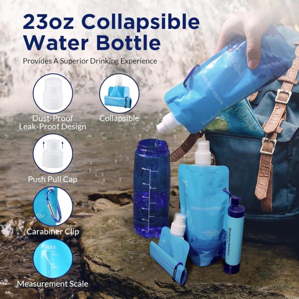 Membrane Solutions 23oz Collapsible Water Bottle for Water Filter Straw, Reusable Water Pouch with Carabiner and Measurement, Foldable Water Container Bag for Hiking Camping Travel Emergency - Image 5