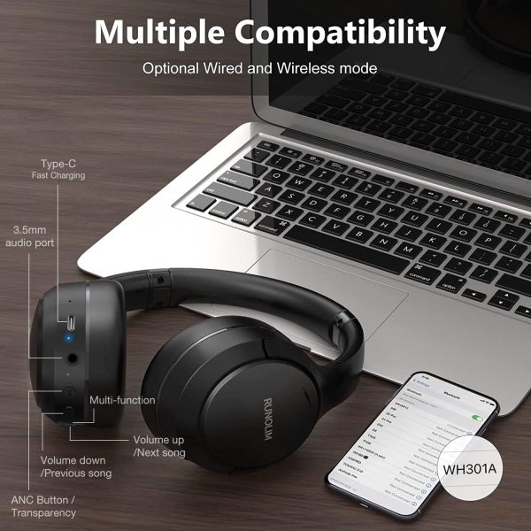 RUNOLIM Hybrid Active Noise Cancelling Headphones, Wireless Over Ear Bluetooth Headphones with Microphone, 70H Playtime, Foldable Headphones with HiFi Audio, Deep Bass for Home Travel Office - Image 8